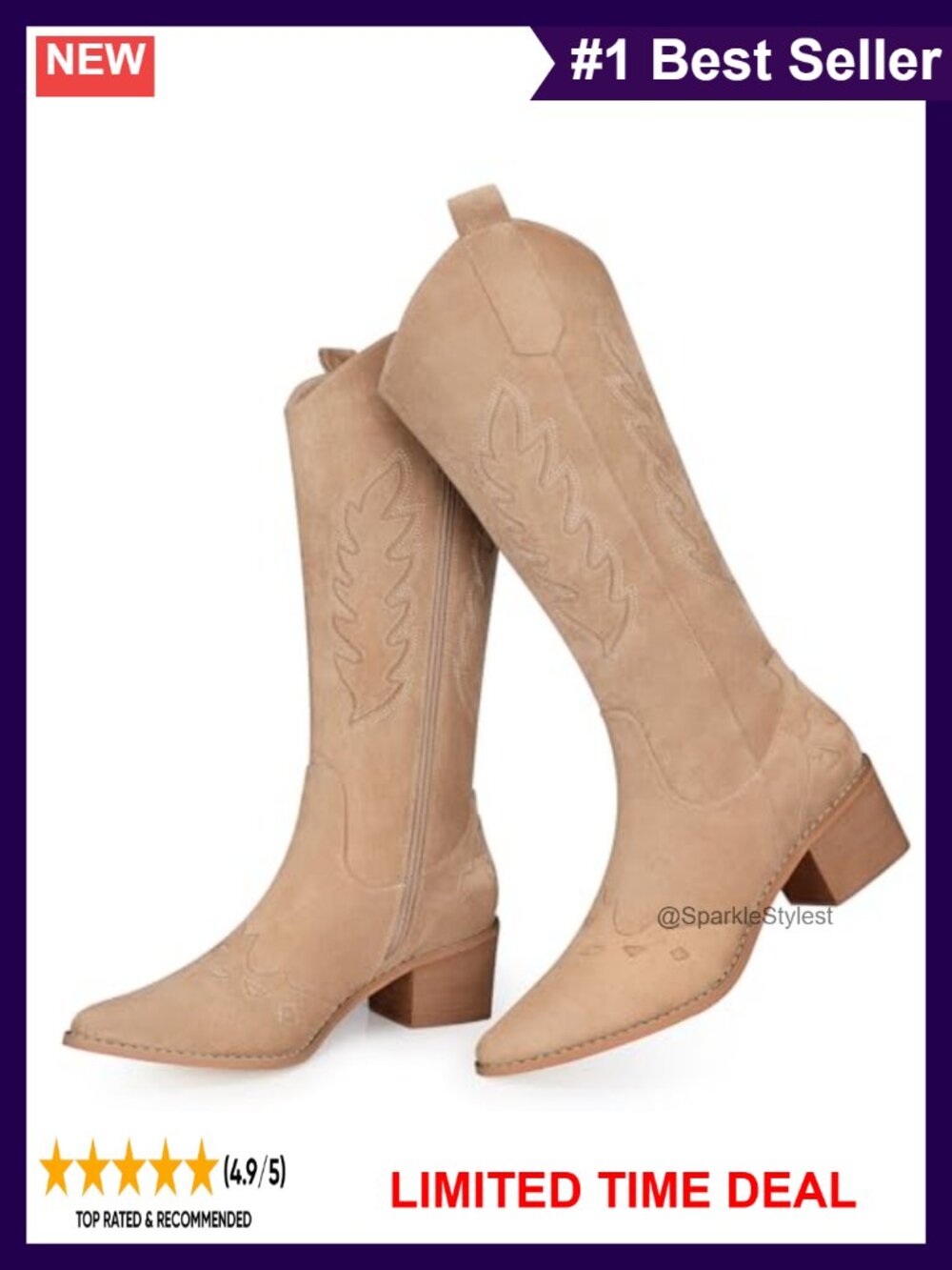 Suede Knee High Cowboy Boots Low Heel Western Booties